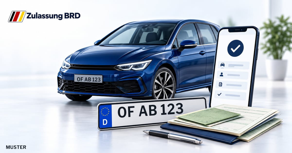 Online Fahrzeugzulassung in Seligenstadt: Musterkennzeichen OF AB 123, Auto und Fahrzeugpapiere und Smartphone. Illustration mit Logo von Zulassung BRD.